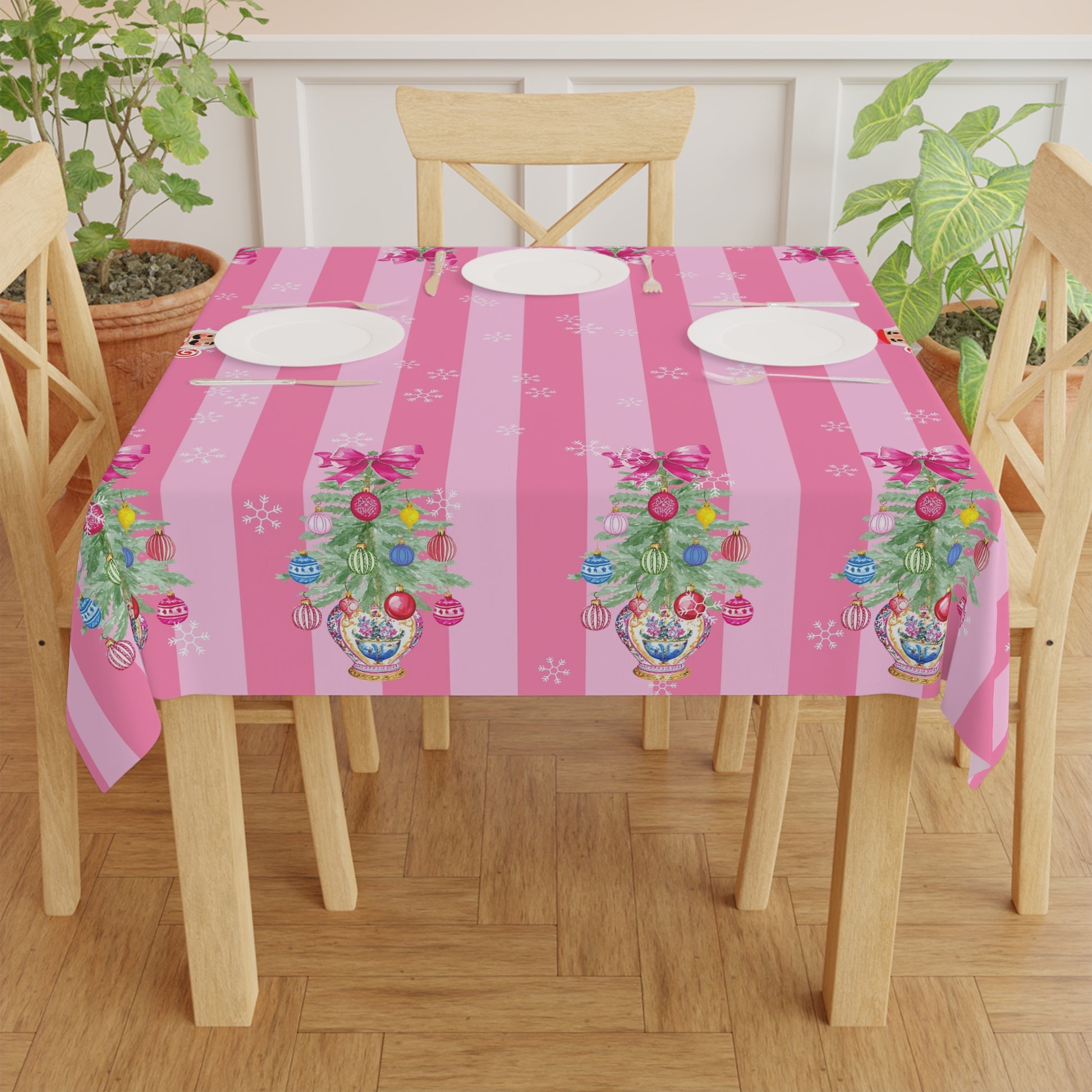 Whimsical Nutracker Chinoiserie Christmas Trees, Pink Striped Tablecloth - Splash of Color Co.