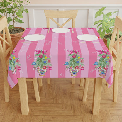 Whimsical Nutracker Chinoiserie Christmas Trees, Pink Striped Tablecloth - Splash of Color Co.