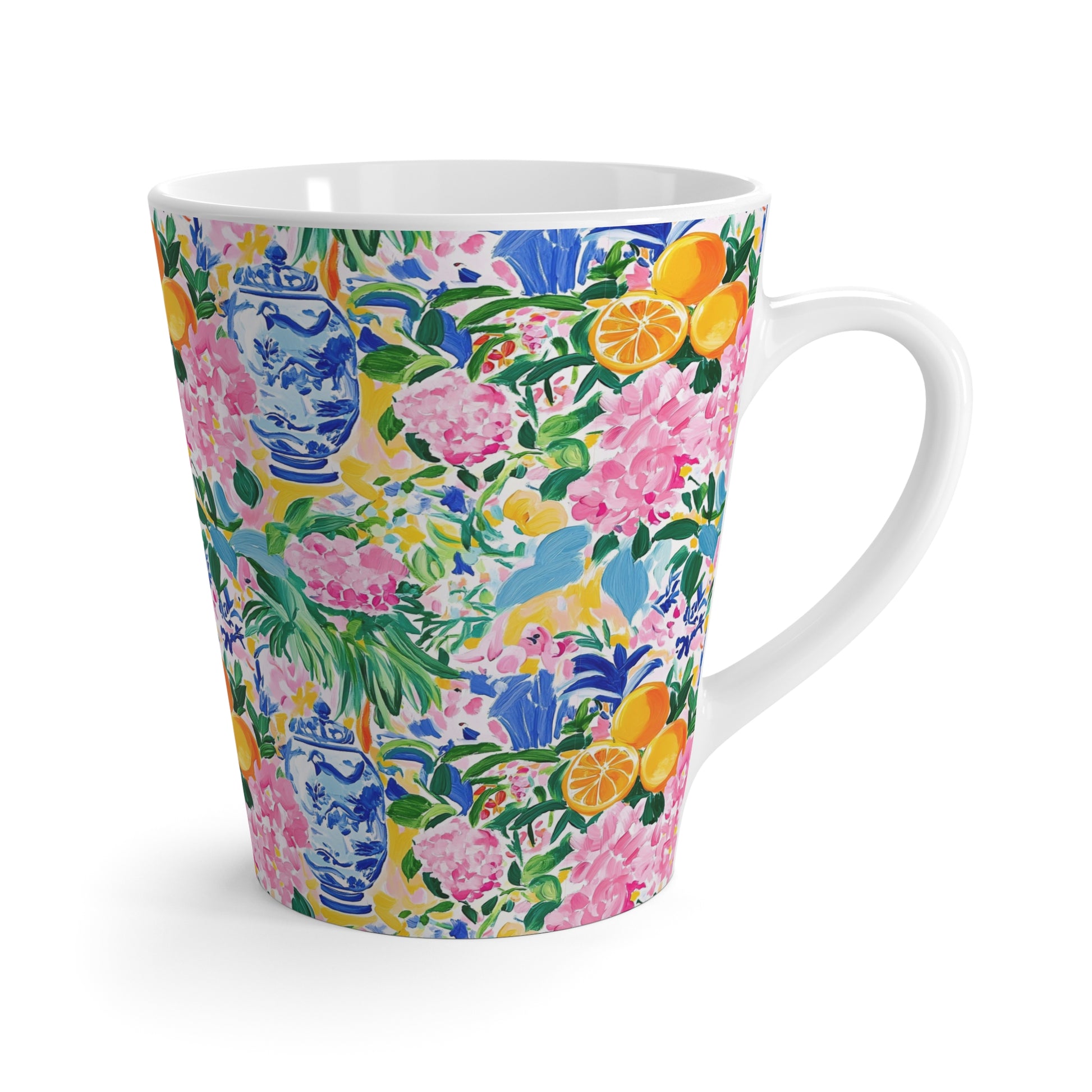 Floral Citrus Latte Mug – Pink Hydrangea & Blue Ginger Jar Pattern - Splash of Color Co.
