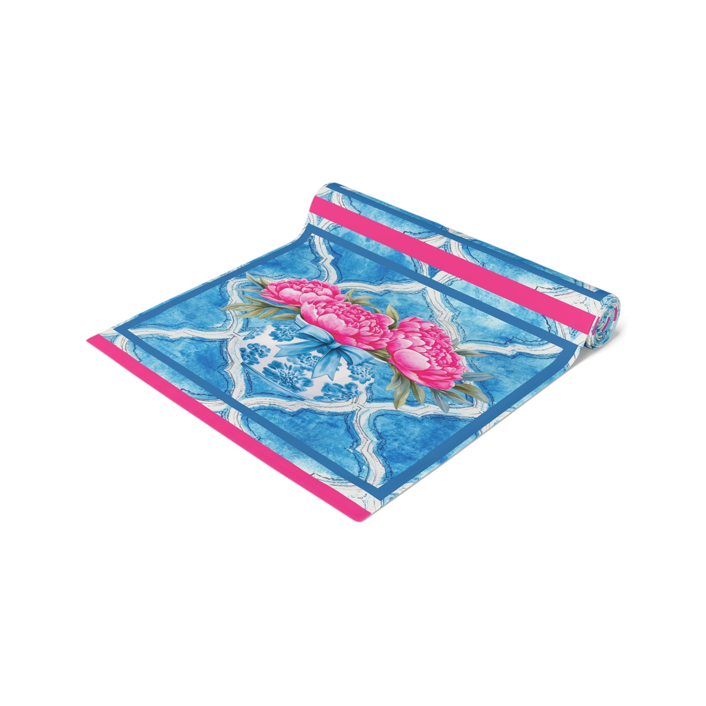 Pink Peony Floral Tile Table Runner — Blue Moroccan Watercolor Pattern - Splash of Color Co.