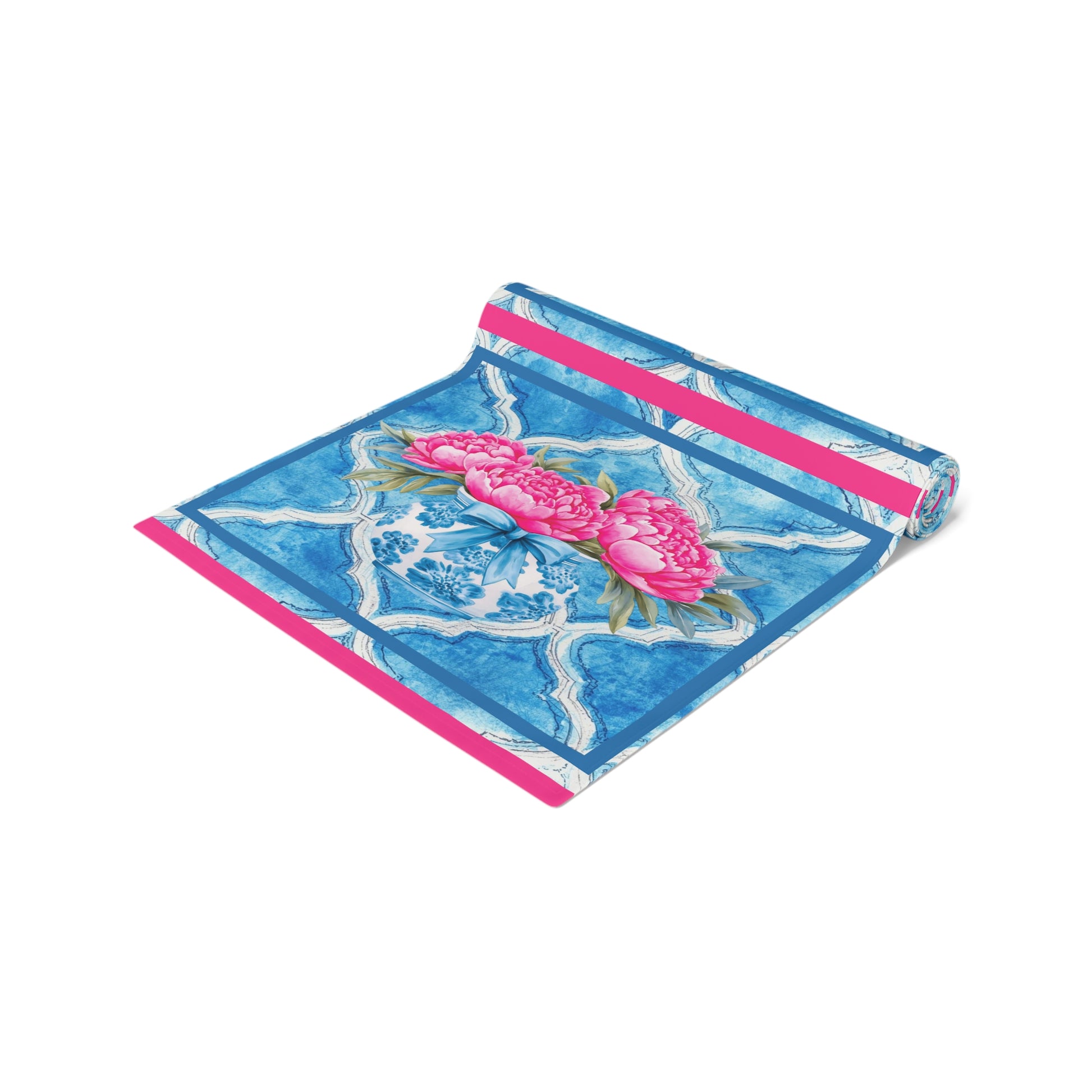 Pink Peony Floral Tile Table Runner — Blue Moroccan Watercolor Pattern - Splash of Color Co.