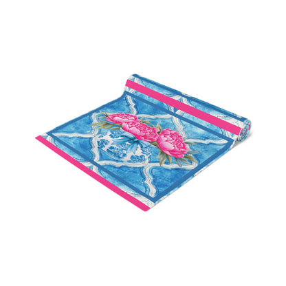 Pink Peony Floral Tile Table Runner — Blue Moroccan Watercolor Pattern - Splash of Color Co.