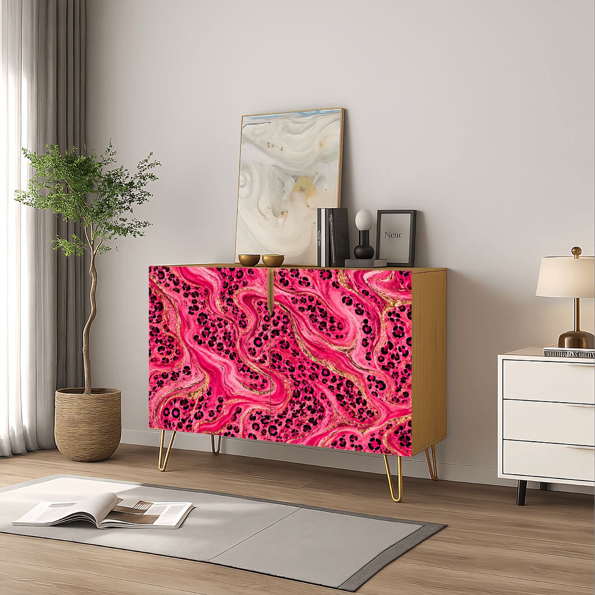Hot Pink Leopard Print Mahjong Tiles And Accessories Sideboard Credenza - Splash Of Mahj And Color Co.