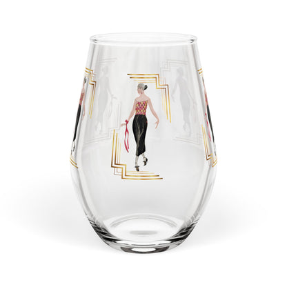 Art Deco Fashion Stemless Wine Glass - Elegant Lady Design - Splash of Color Co.