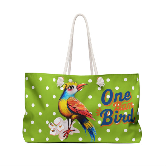 One Bam Bird Mahjong Accessory Bag, Green Citrus Polka Dot, Whimsical Bird Weekender Bag