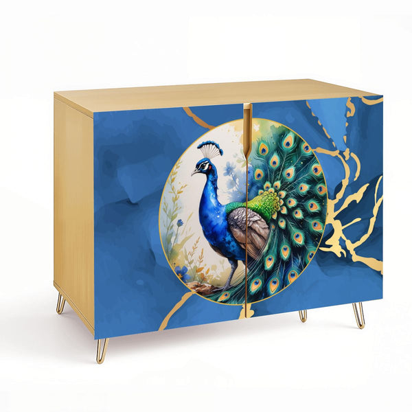 Asian Chinoiserie Golden Gilded Watercolor Peacock Modern Wooden Cabinet - Splash of Color Co.