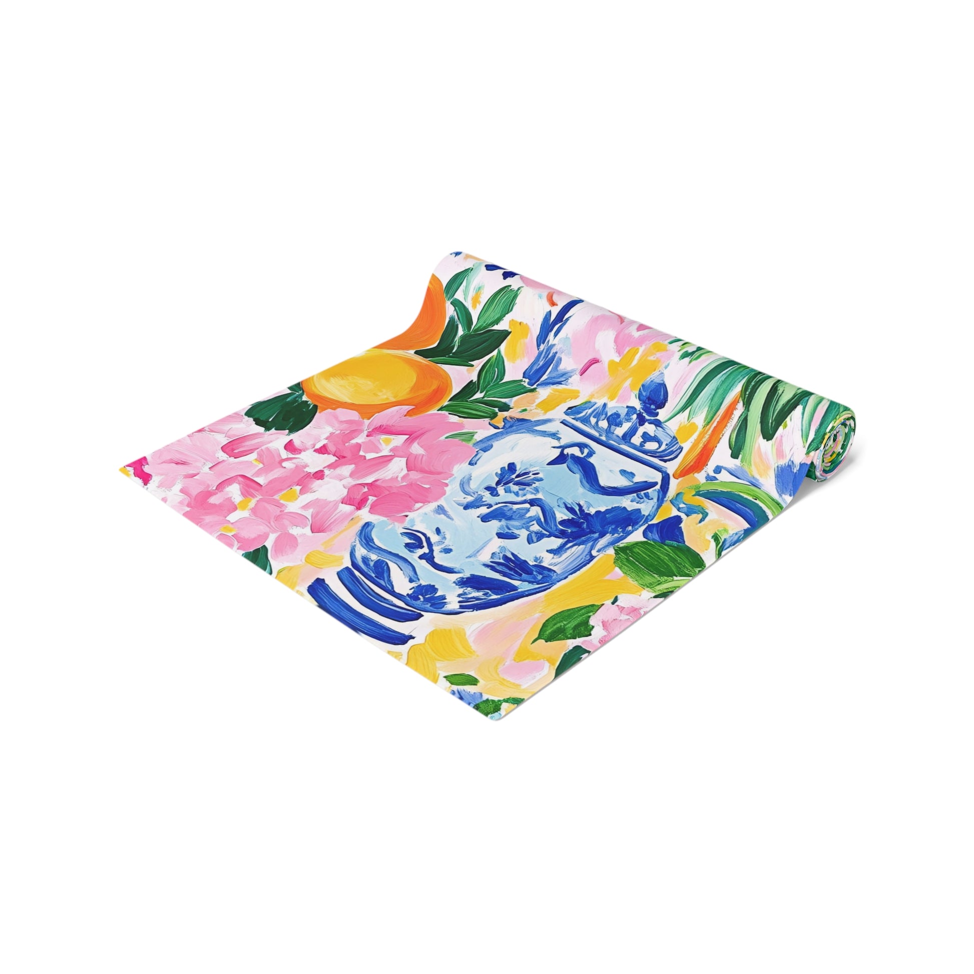 Chinoiserie Citrus Floral Vibrant Table Runner with Classic Vases - Splash of Color Co.