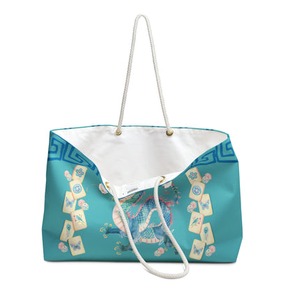 Turquoise Floral Watercolor Dragon Mahjong Tile Bag — Spacious Travel Tote with Asian - Inspired Motif - Splash of Color Co.