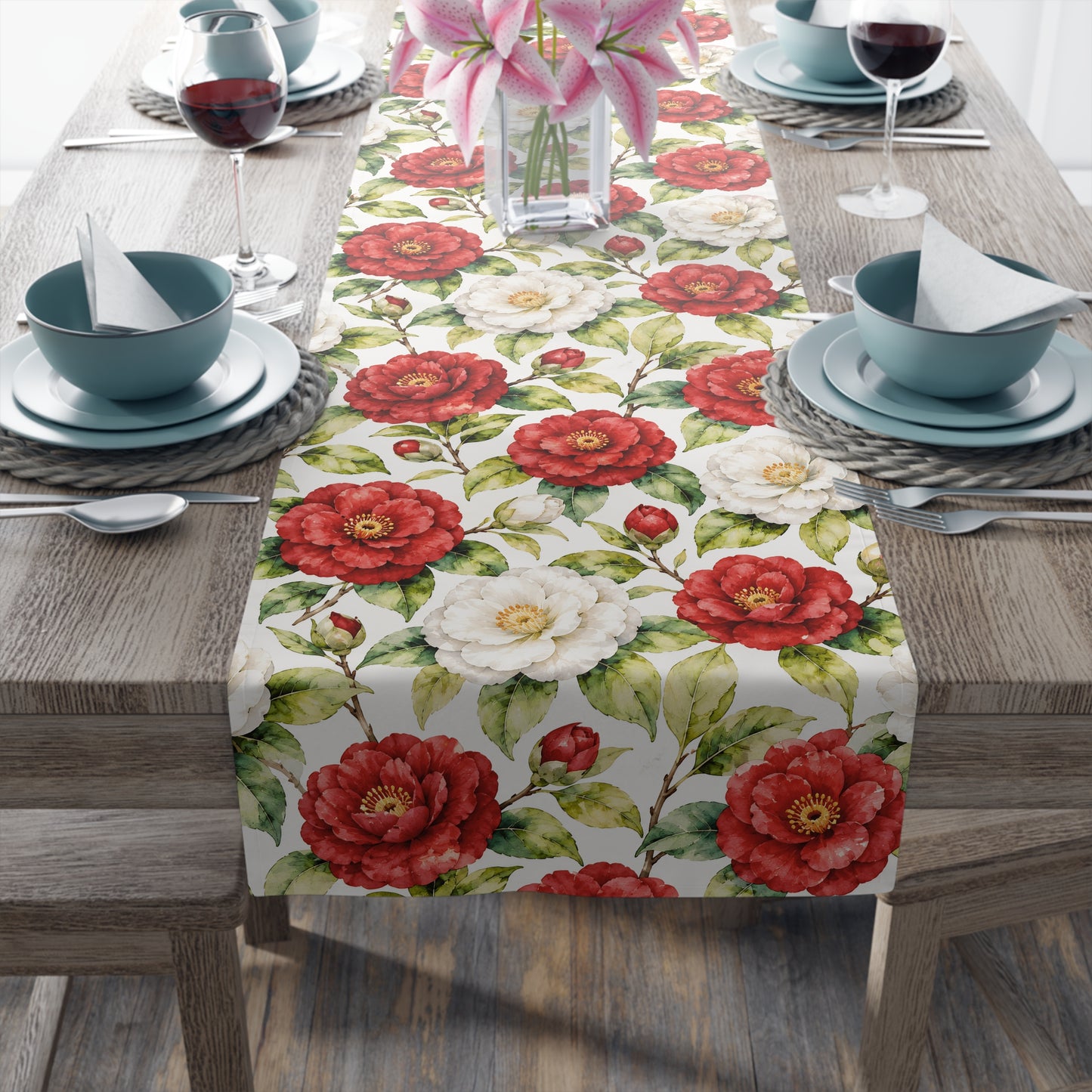 Red & White Camellia Floral Table Runner — Decorative Cotton - Poly Dining Accent - Splash Of Mahj And Color Co.