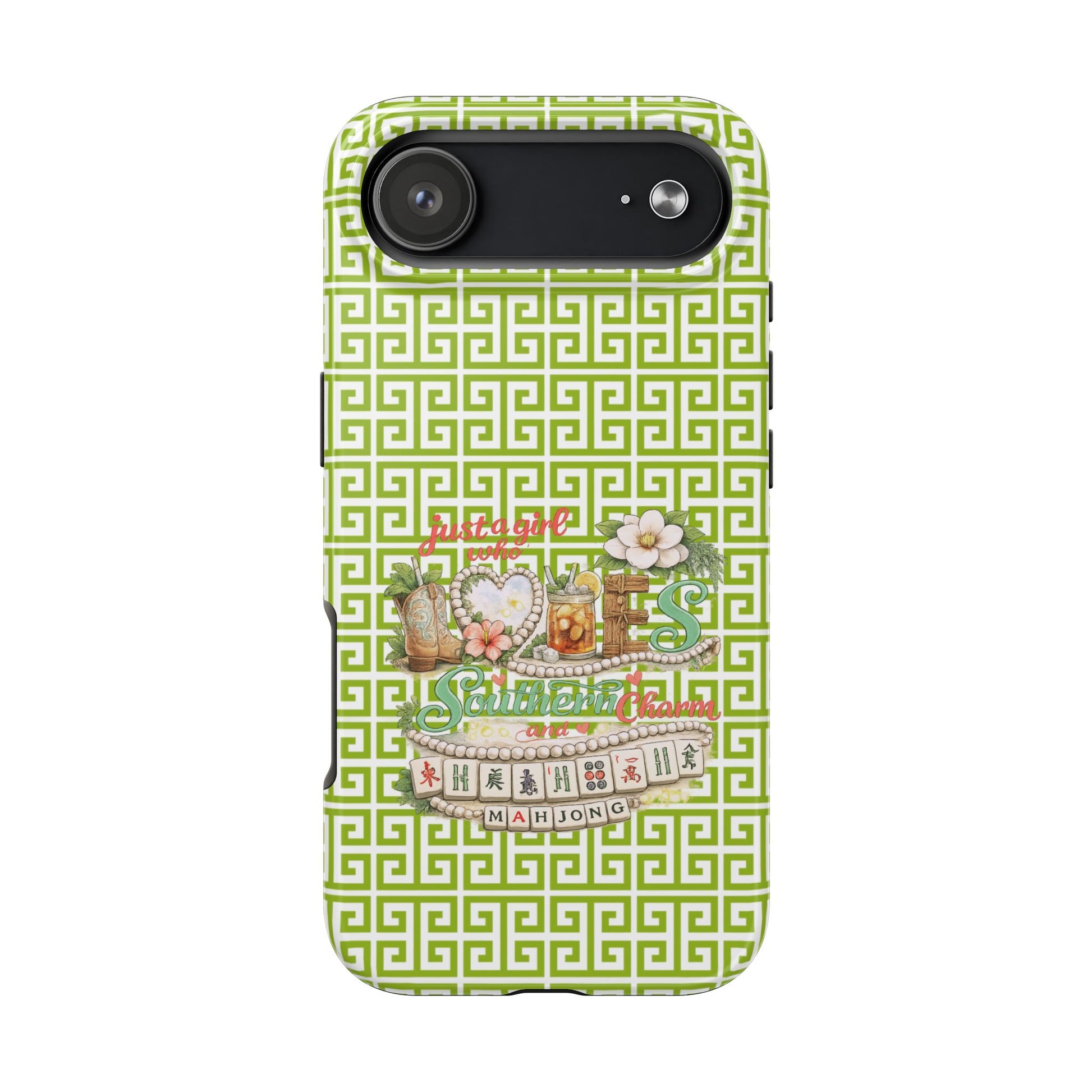 Mahjong Floral Pattern Just A Girl Who Loves Southern Charm and Mahjong Phone Case | Green Geometric Background - Splash of Color Co.