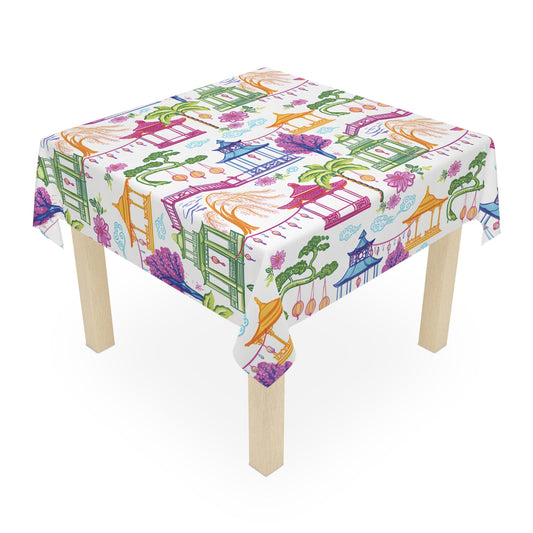 Chinoiserie Pagoda Mahjong Tablecloth – Asian Garden Pattern Decorative Table Cover - Splash of Color Co.