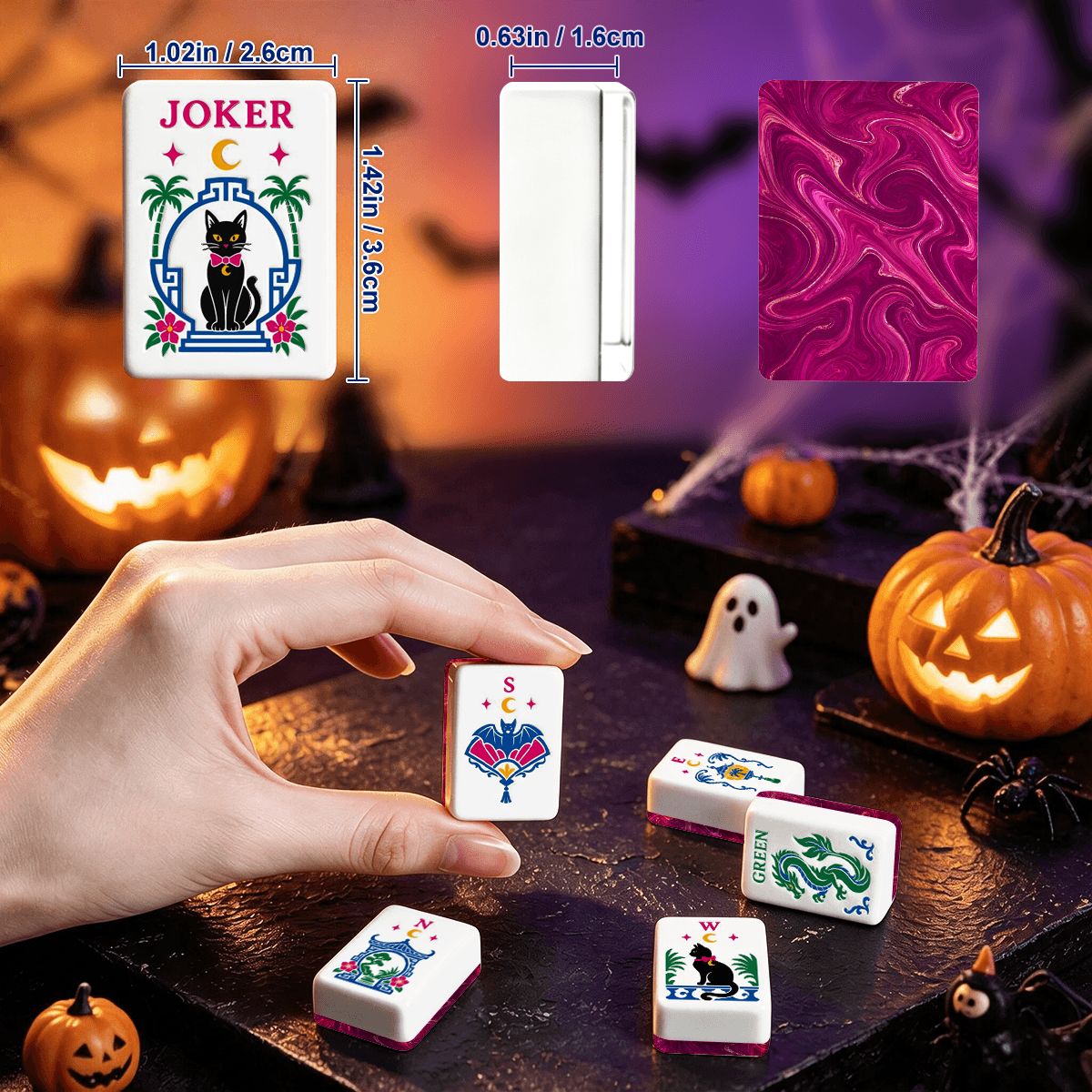 Marbled Hot Pink Dragon's Coven Halloween Mahjong Tiles With Carry Case - Splash Of Mahj And Color Co.