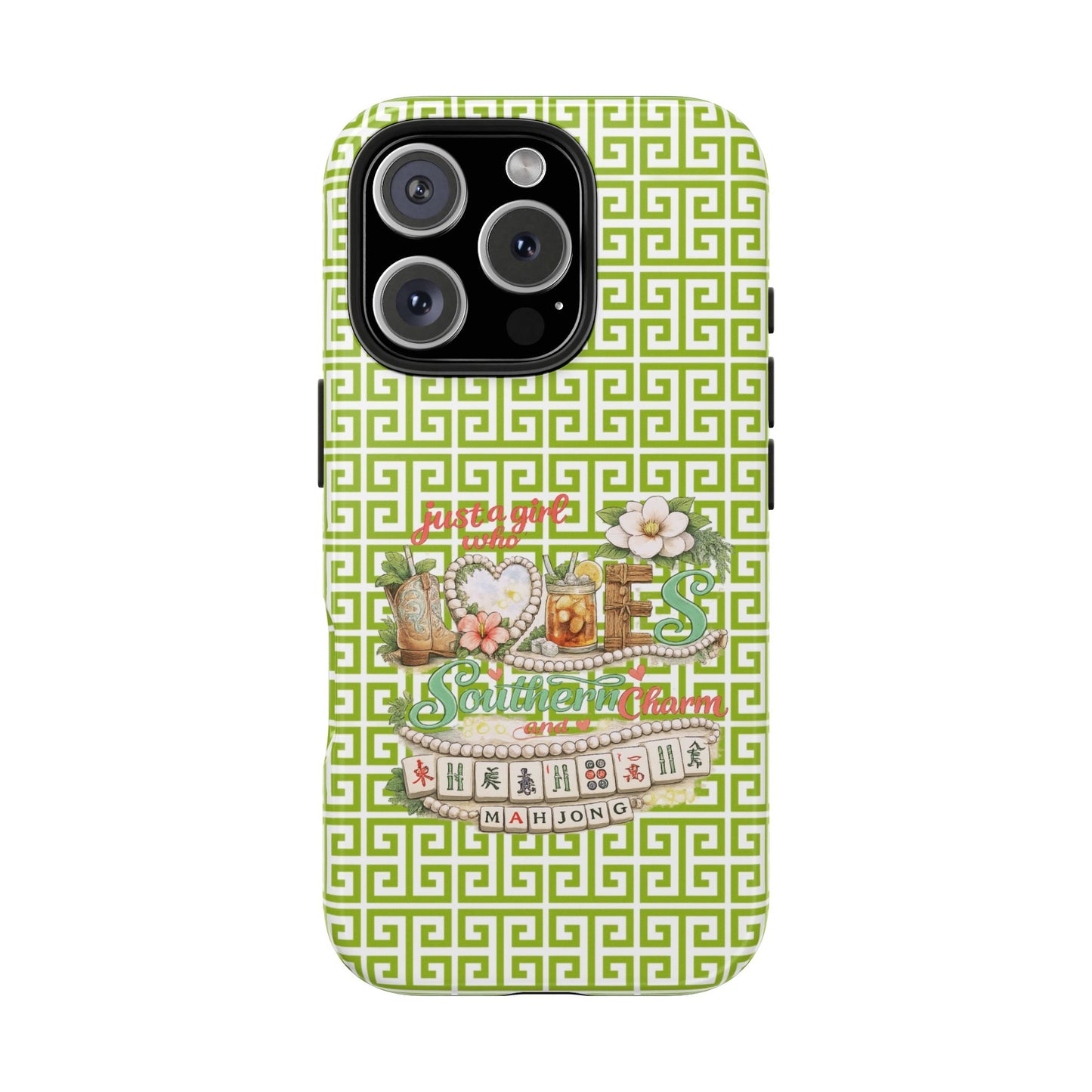 Mahjong Floral Pattern Just A Girl Who Loves Southern Charm and Mahjong Phone Case | Green Geometric Background - Splash of Color Co.