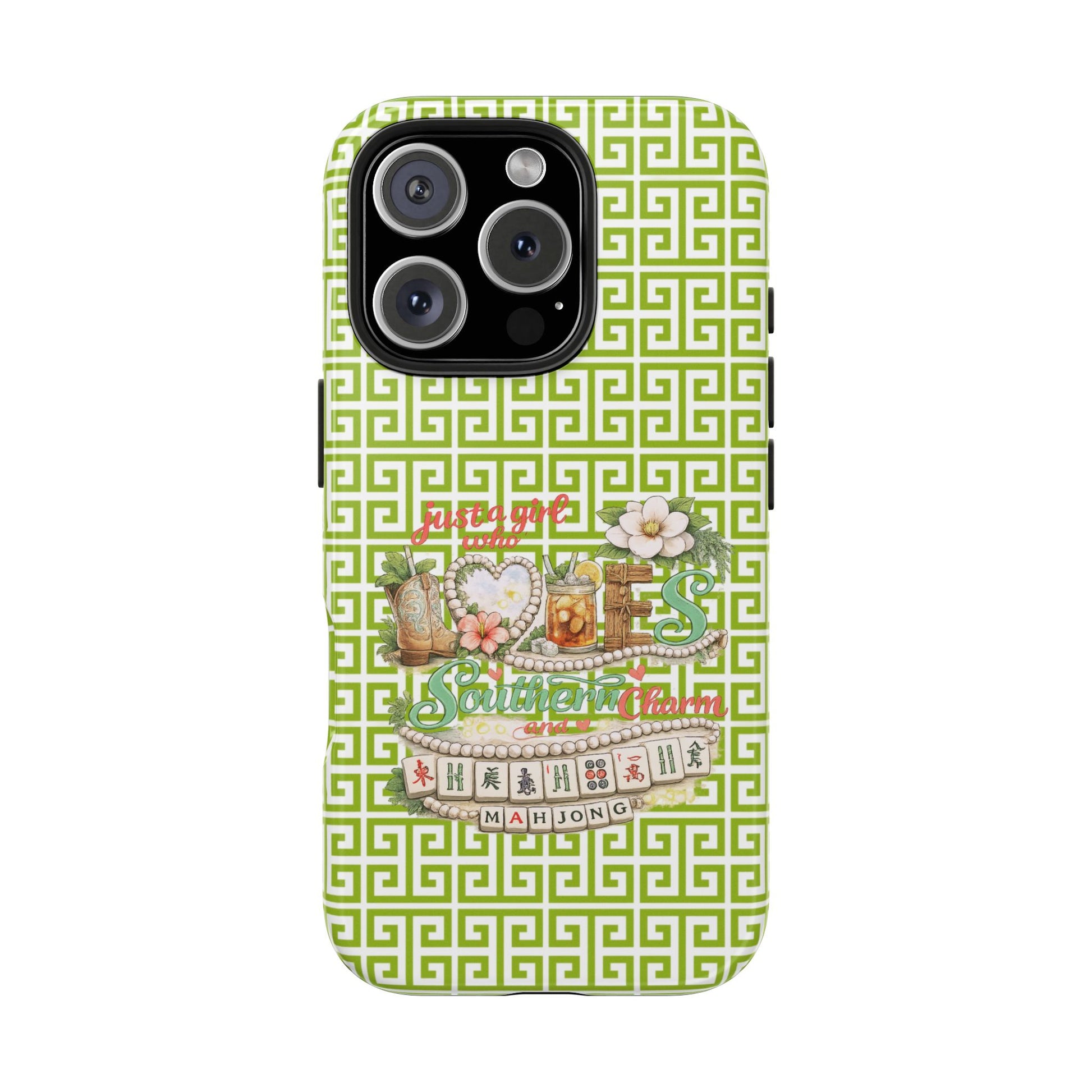 Mahjong Floral Pattern Just A Girl Who Loves Southern Charm and Mahjong Phone Case | Green Geometric Background - Splash of Color Co.