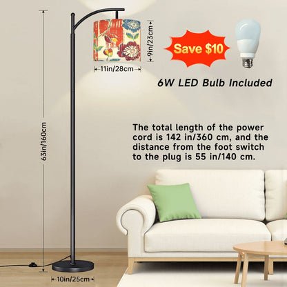 Boho Floral Heritage Modern Arc Floor Lamp, In Coral Blue And Green