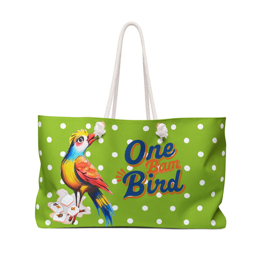 One Bam Bird Mahjong Accessory Bag, Green Citrus Polka Dot, Whimsical Bird Weekender Bag
