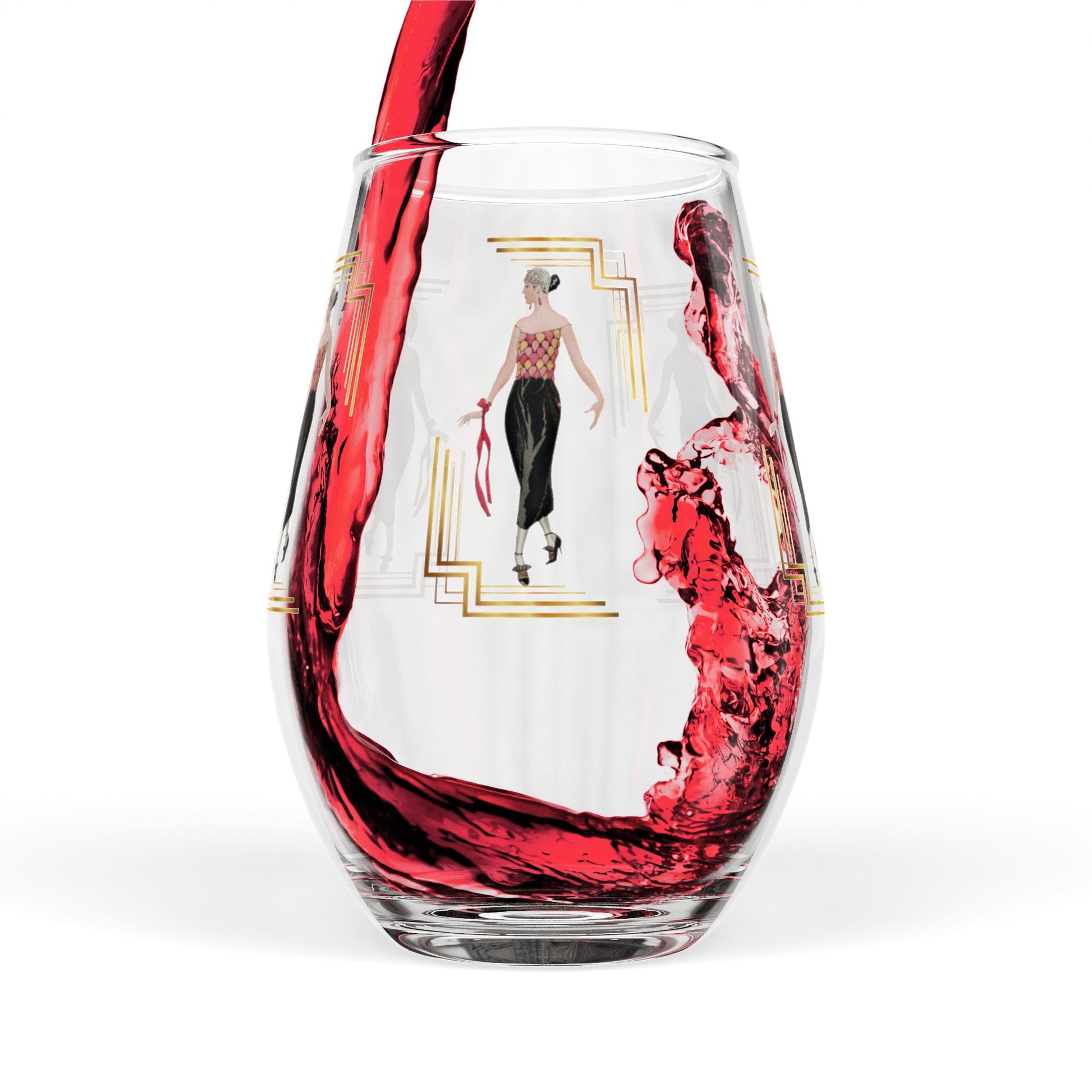 Art Deco Fashion Stemless Wine Glass - Elegant Lady Design - Splash of Color Co.