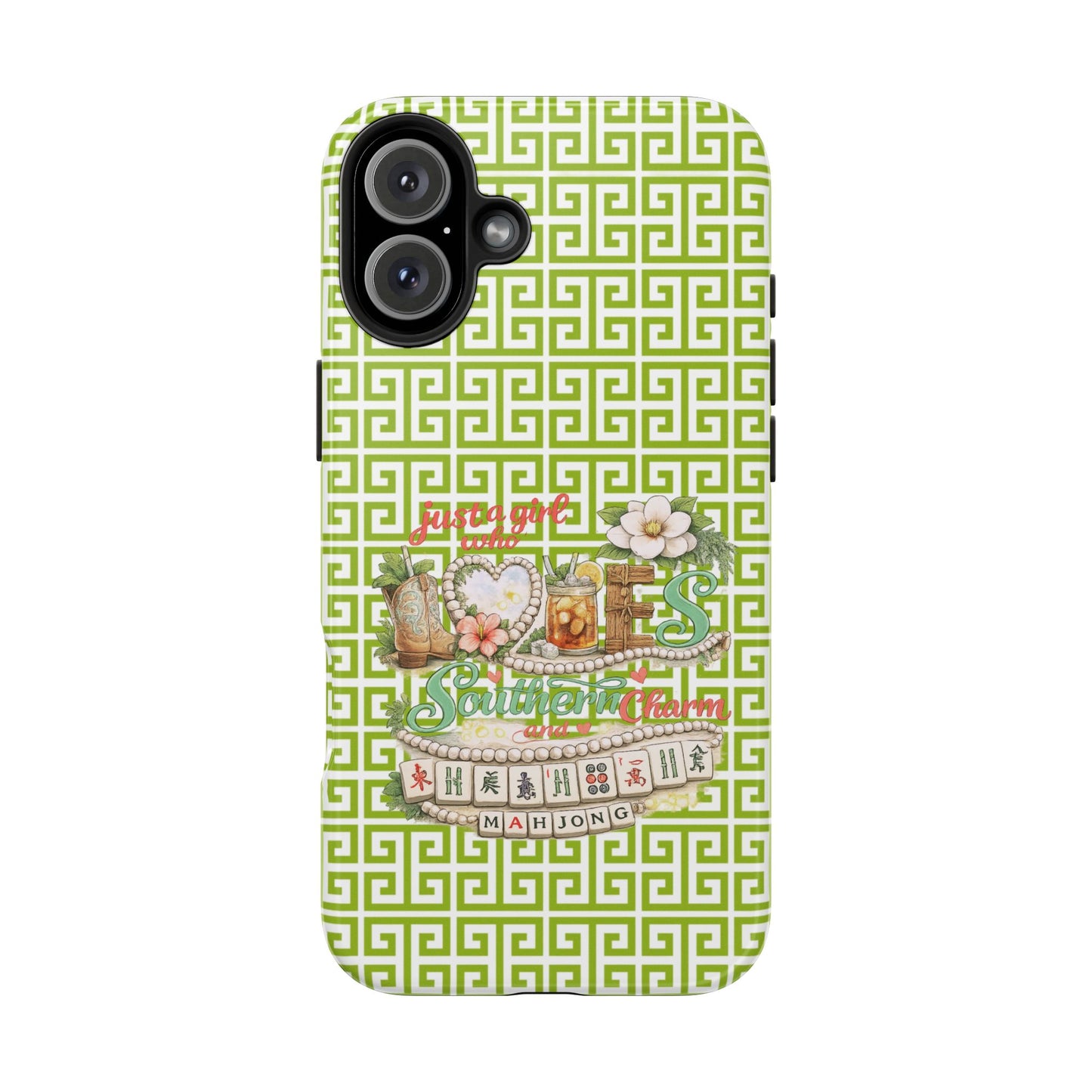 Mahjong Floral Pattern Just A Girl Who Loves Southern Charm and Mahjong Phone Case | Green Geometric Background - Splash of Color Co.