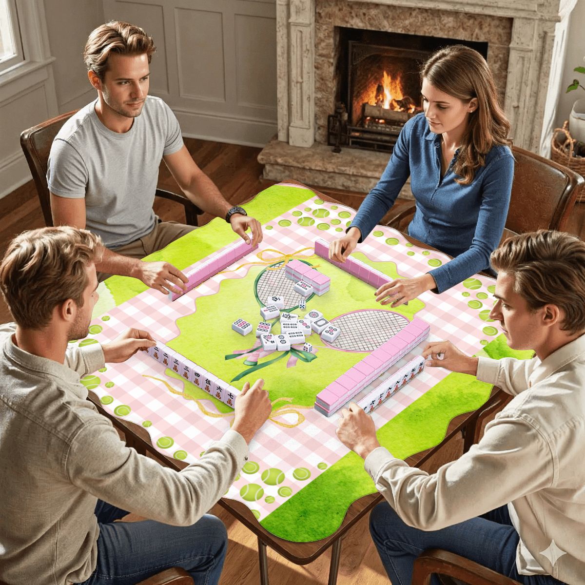 Green And Pink Tennis Themed Scalloped Mahjong Mat - Splash of Color Co.