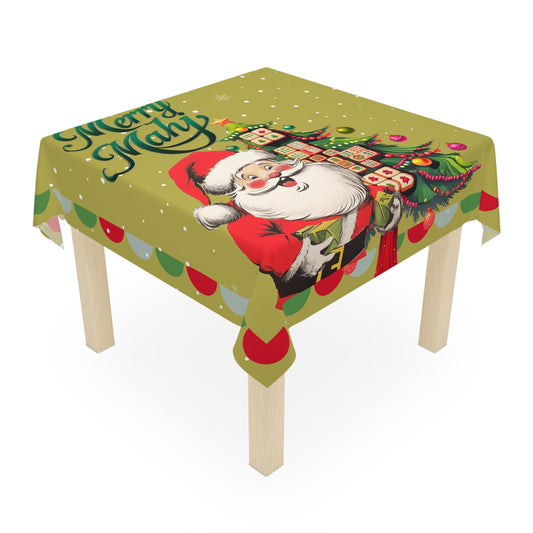 Vintage Santa Mahjong Tablecloth, Whimsical Tile Tree Merry Mahj Christmas Tablecloth