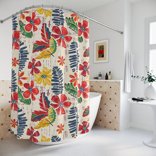Vibrant Floral Heritage Shower Curtain Citrus Green, Blue, Yellow Tropical Vibe Preppy Boho Decor