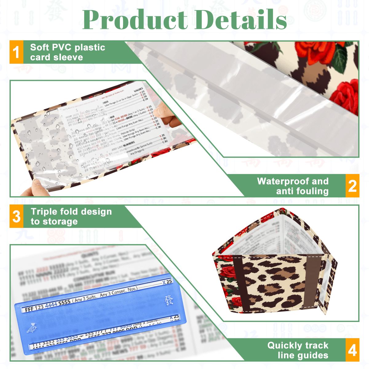 Leopard And Rose Designed 4 Mahjong Card Holder with Line Finder