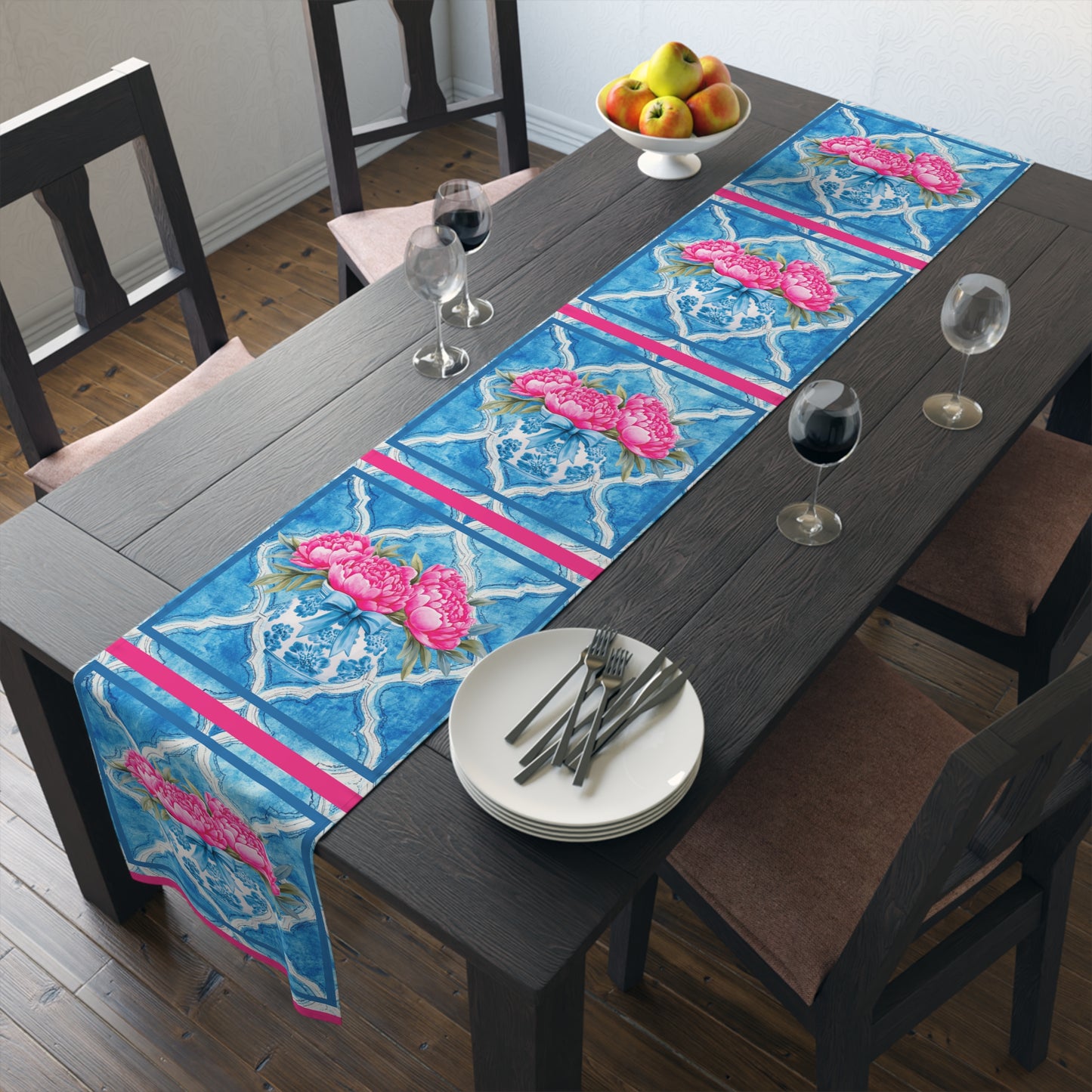 Pink Peony Floral Tile Table Runner — Blue Moroccan Watercolor Pattern - Splash of Color Co.