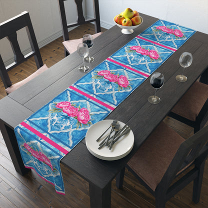 Pink Peony Floral Tile Table Runner — Blue Moroccan Watercolor Pattern - Splash of Color Co.