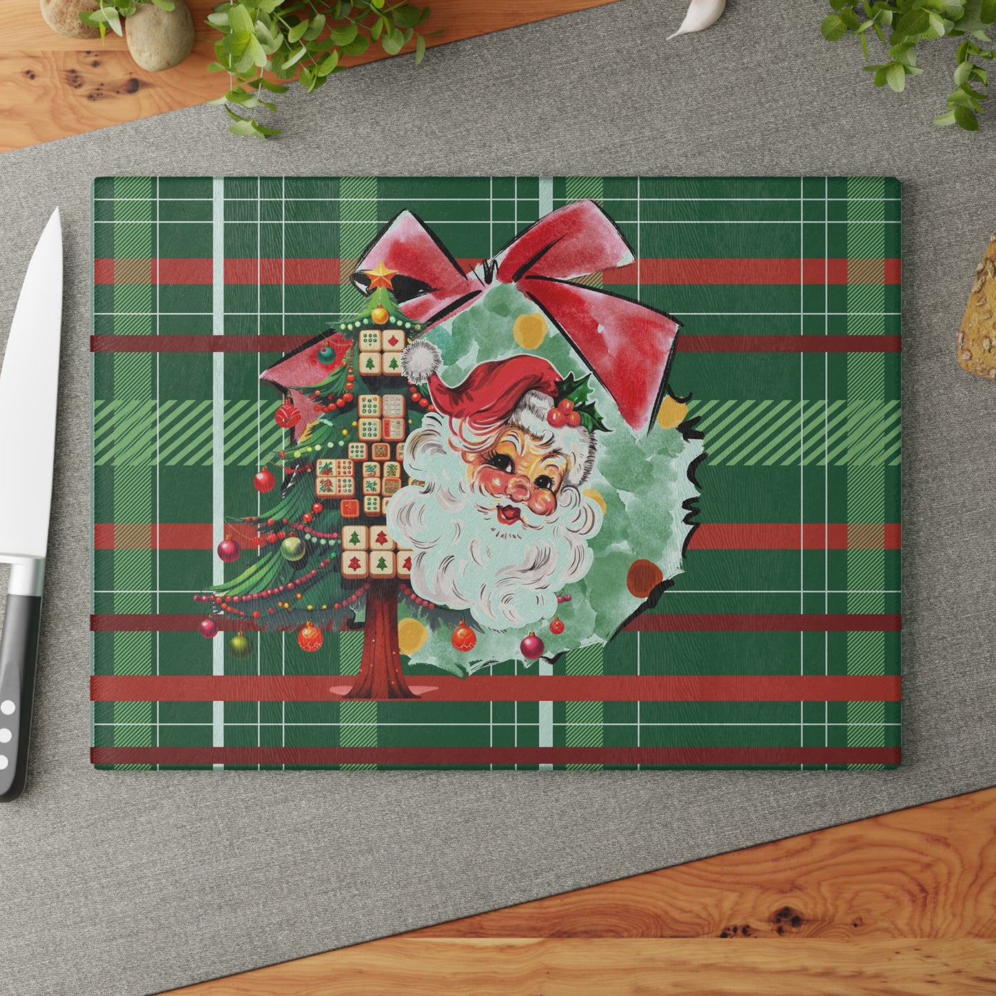 Mahjong Christmas Vintage Santa Glass Cutting Board