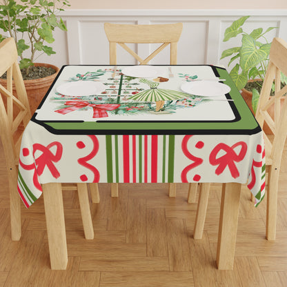Vintage Girl Mahjong Christmas Tablecloth - Whimsical Holiday Stripe & Wreath Table Cover - Splash of Color Co.
