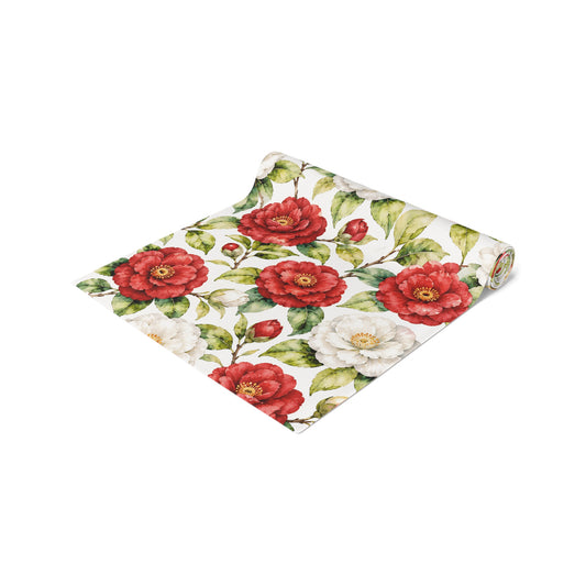 Red & White Camellia Floral Table Runner — Decorative Cotton - Poly Dining Accent - Splash Of Mahj And Color Co.