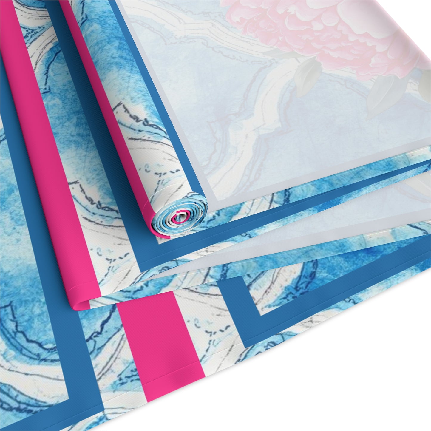 Pink Peony Floral Tile Table Runner — Blue Moroccan Watercolor Pattern - Splash of Color Co.
