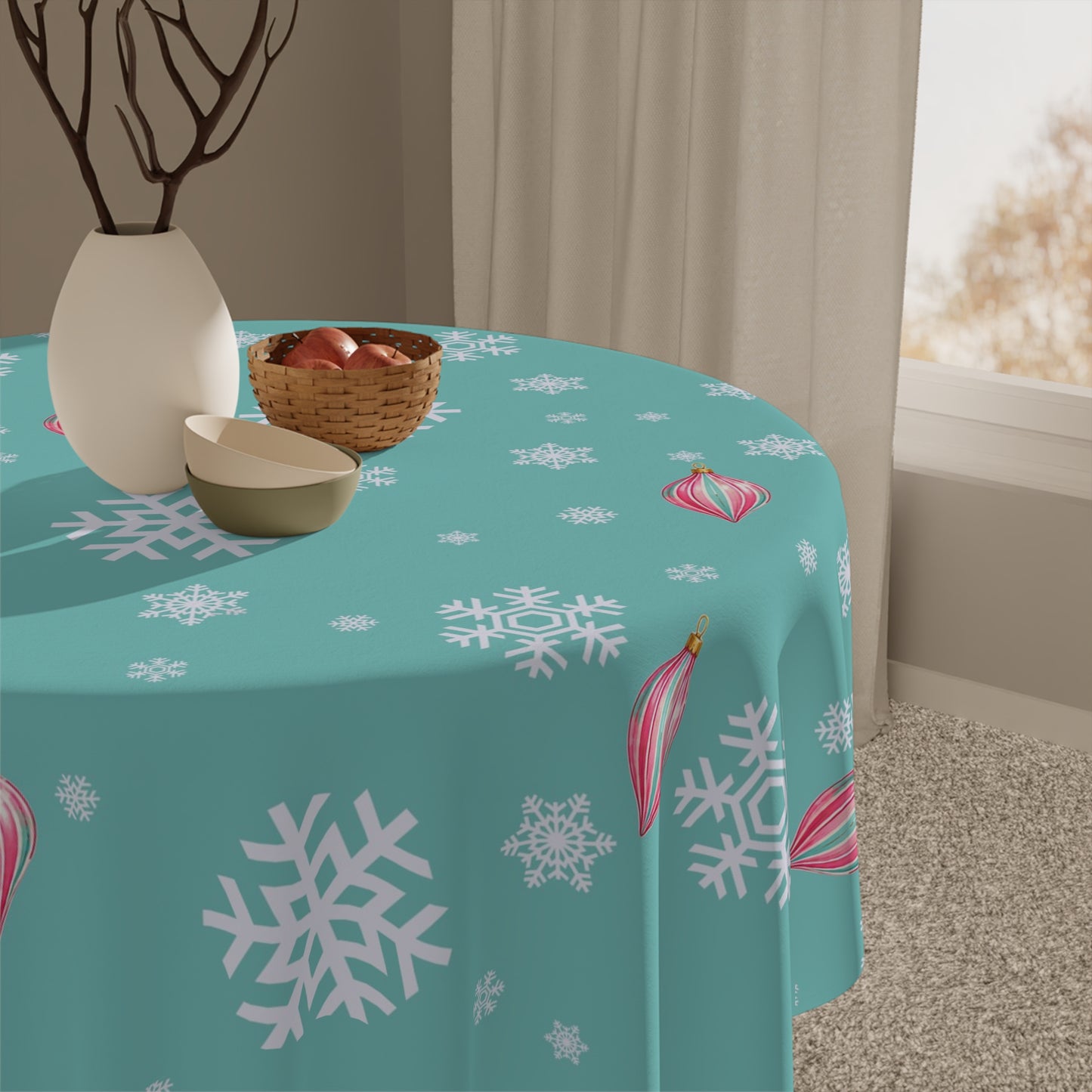 Shiny Brite Aqua Snowflake Tablecloth with Pink Ornaments — Holiday Winter Table Cover - Splash Of Mahj And Color Co.