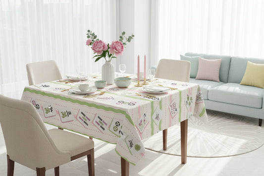 Mahjong Tiles Tablecloth | Pastel Pink Green Mahjong Pattern - Splash of Color Co.