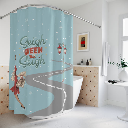 Festive Mahjong Christmas Shower Curtain with 'Sleigh Queen Sleigh' Design
