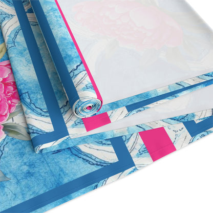 Pink Peony Floral Tile Table Runner — Blue Moroccan Watercolor Pattern - Splash of Color Co.