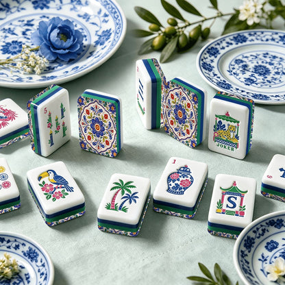 Blue Polish Pottery Porcelain Chinoiserie Chic American Mahjong Tiles And Carry Case