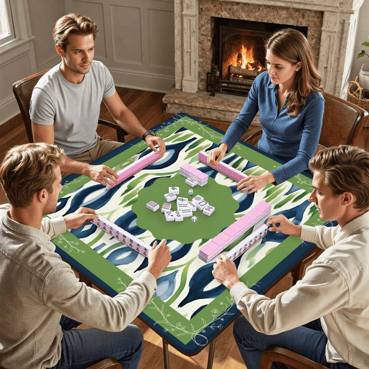 Ikat Watercolor Blue And Green Mahjong Mat - Splash of Color Co.