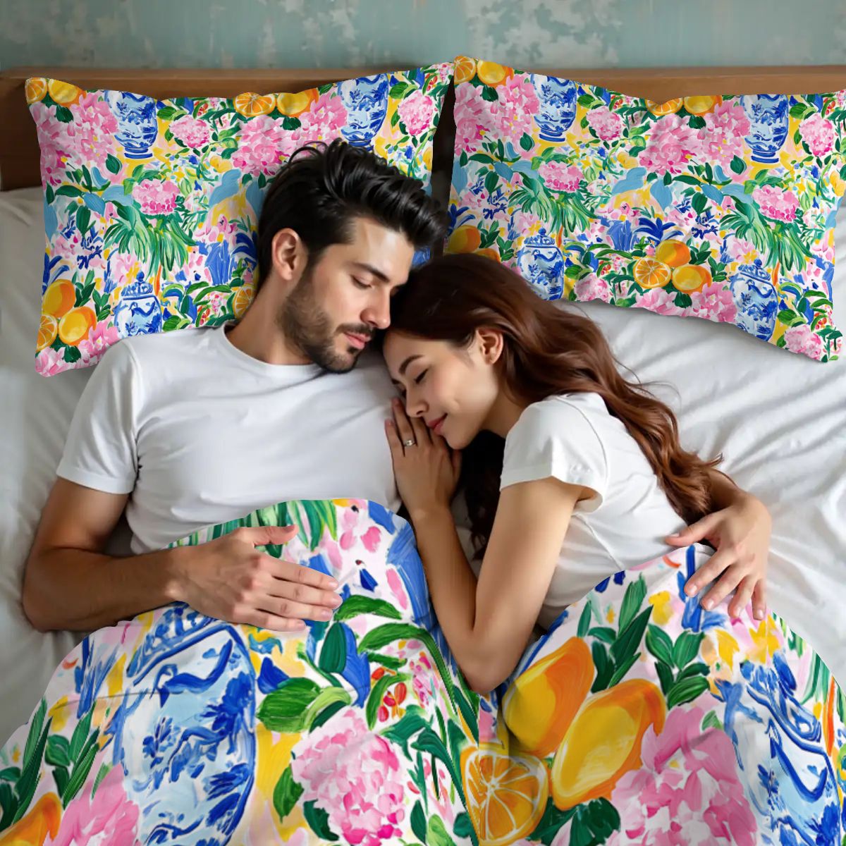 Preppy Pastel Asian Chinoiserie Flora Queen Duvet Cover Set - Splash of Color Co.