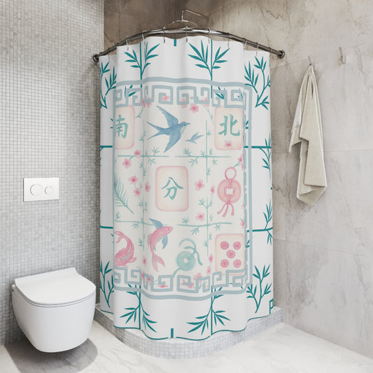 Mahjong Tiles Pastel Floral Shower Curtain, Elegant Bathroom Decor, Vintage-Inspired Design