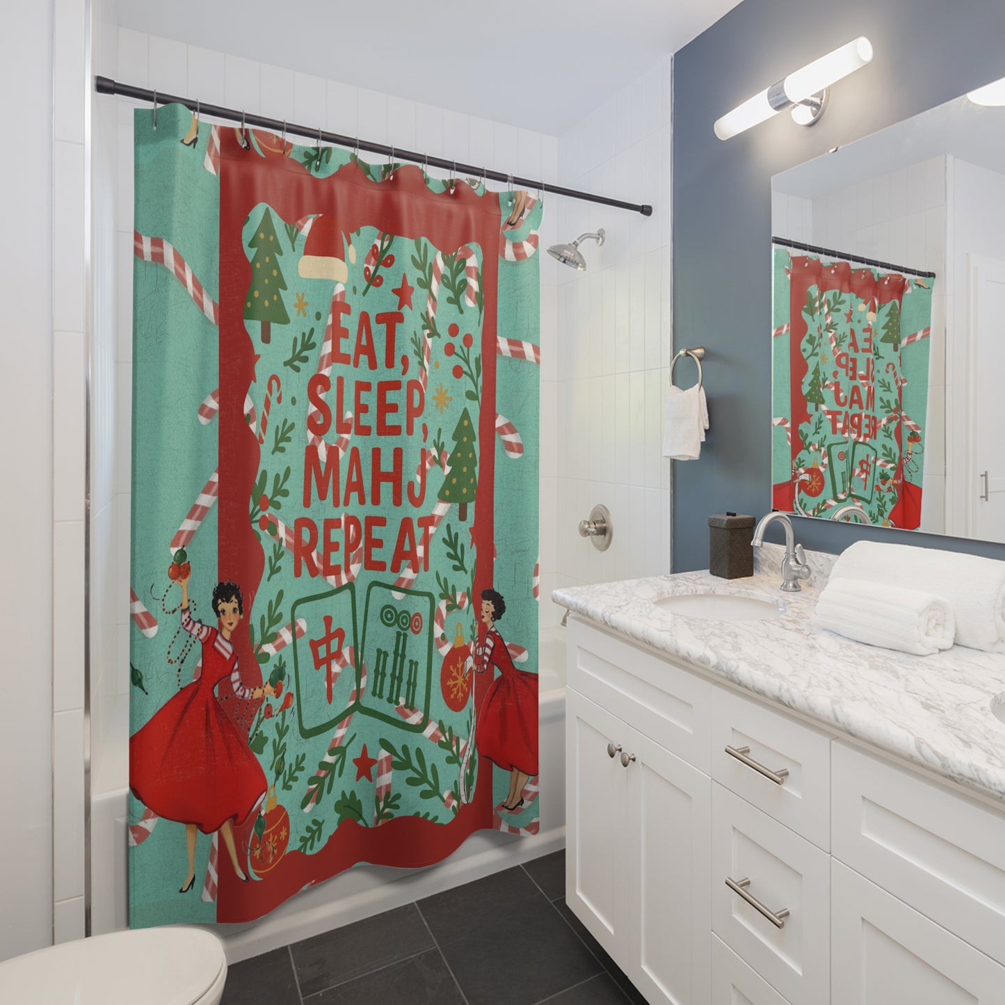 Mahjong Christmas Bathroom Shower Curtain Eat, Sleep, Mahj, Repeat