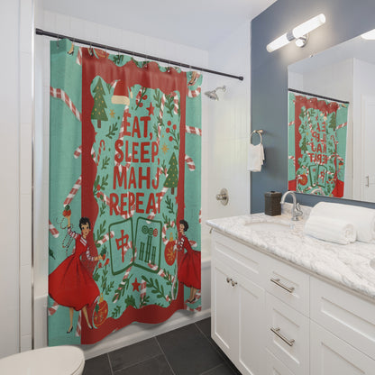 Mahjong Christmas Bathroom Shower Curtain Eat, Sleep, Mahj, Repeat
