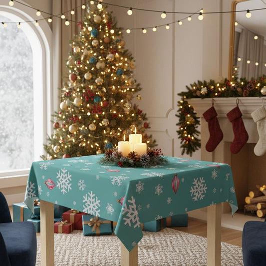 Shiny Brite Aqua Snowflake Tablecloth with Pink Ornaments — Holiday Winter Table Cover - Splash Of Mahj And Color Co.
