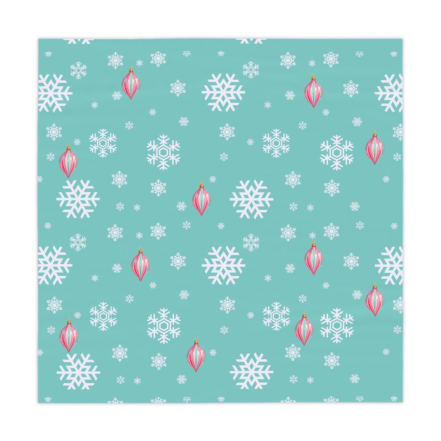 Shiny Brite Aqua Snowflake Tablecloth with Pink Ornaments — Holiday Winter Table Cover - Splash Of Mahj And Color Co.