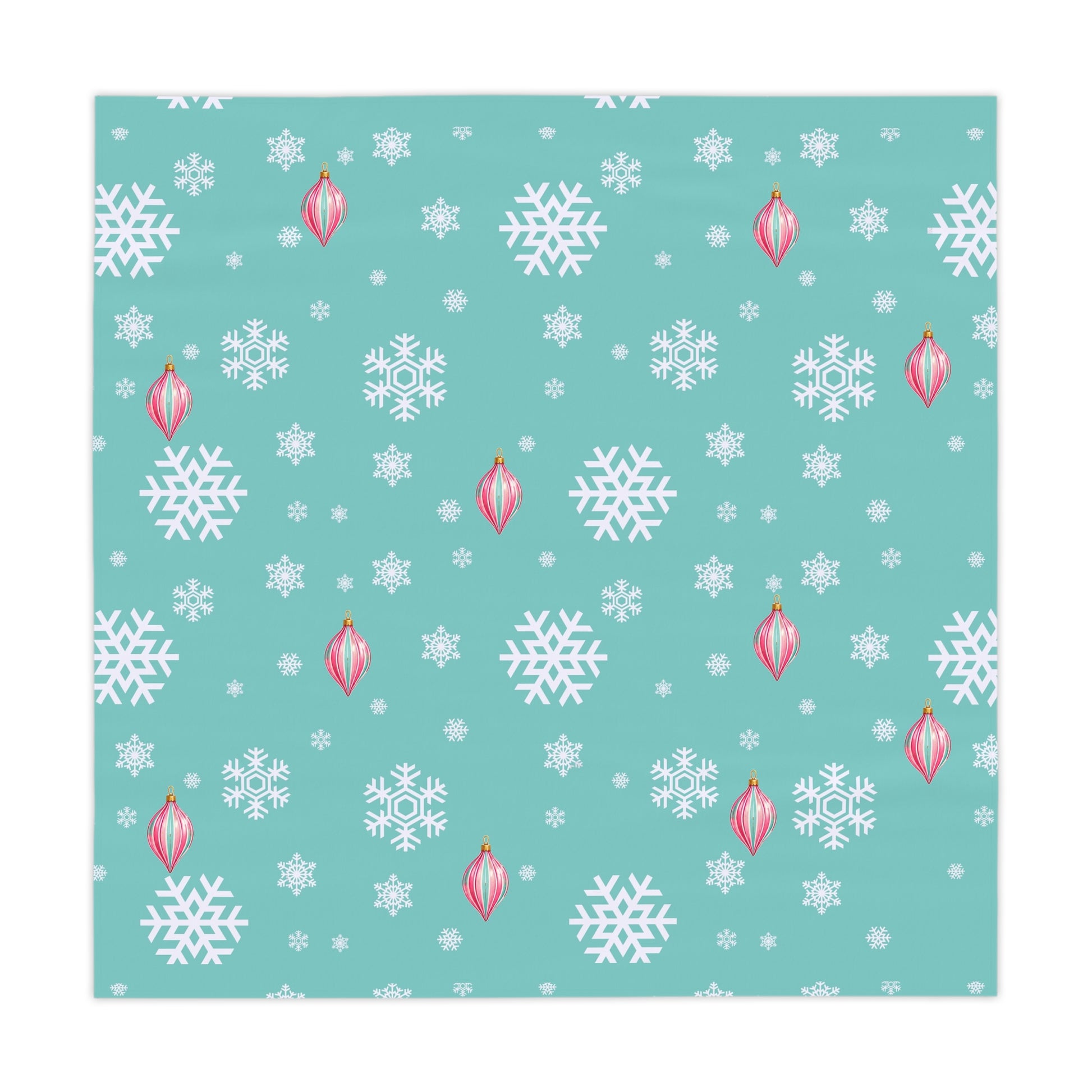 Shiny Brite Aqua Snowflake Tablecloth with Pink Ornaments — Holiday Winter Table Cover - Splash Of Mahj And Color Co.
