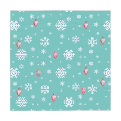 Shiny Brite Aqua Snowflake Tablecloth with Pink Ornaments — Holiday Winter Table Cover - Splash Of Mahj And Color Co.