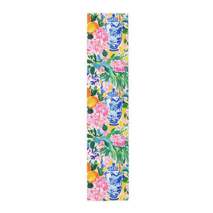 Chinoiserie Citrus Floral Vibrant Table Runner with Classic Vases - Splash of Color Co.