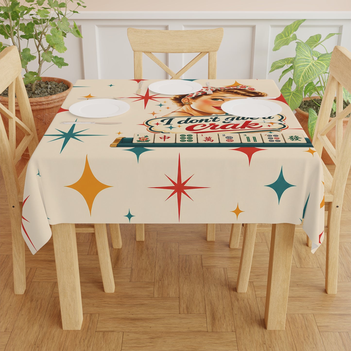 Funny Mahjong Tablecloth — “I Don’t Give a Crak” Vintage Pin-Up Game Night Table Cover