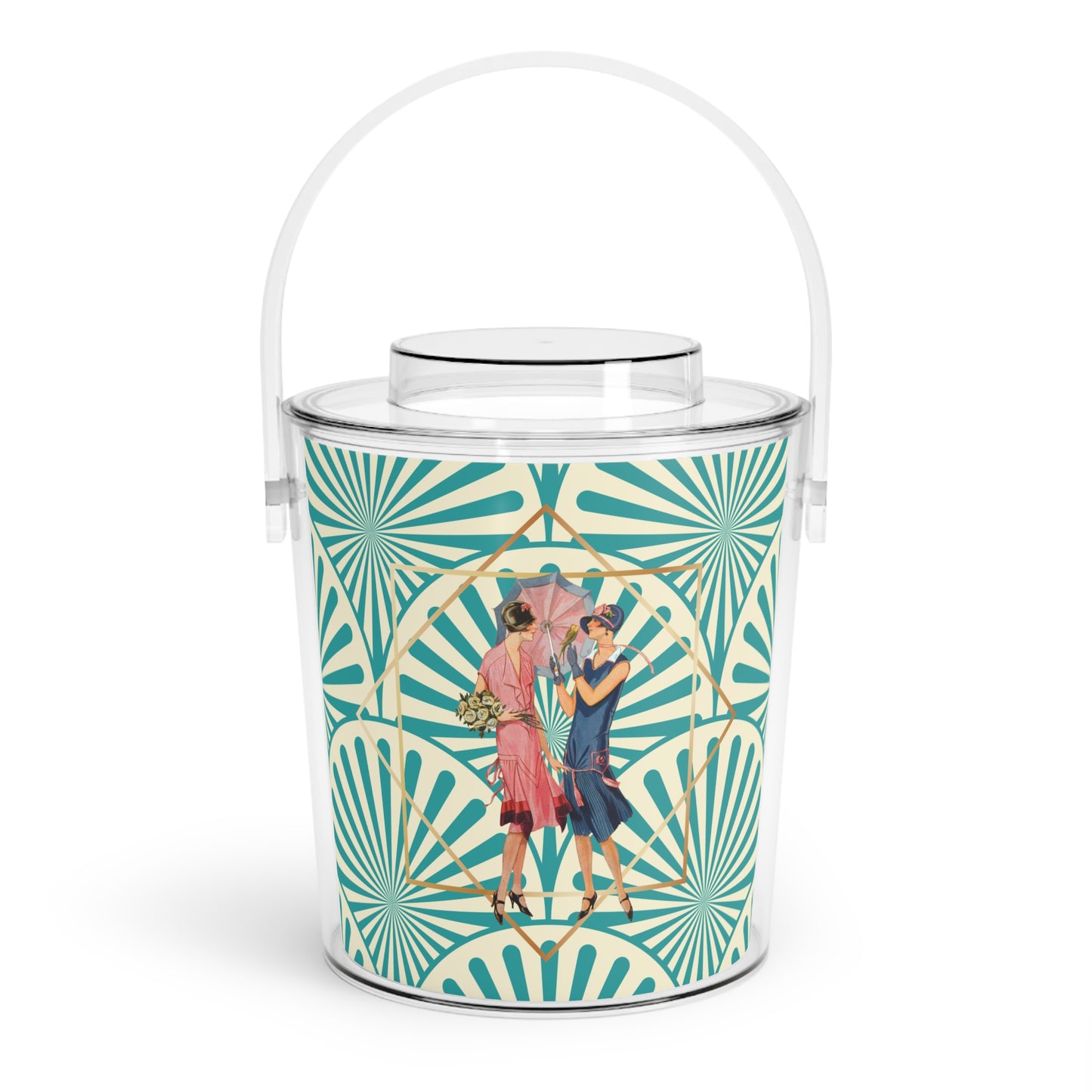 Roaring 1920s Glam Art Deco Party Ice Bucket with Tongs — Vintage 1920s Teal Art Deco Pattern - Splash of Color Co.