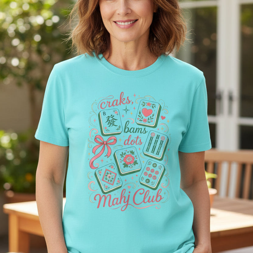 Mahjong Club T-Shirt — Cute Mahjong Tiles Graphic Tee (Crak! Bams Dots)